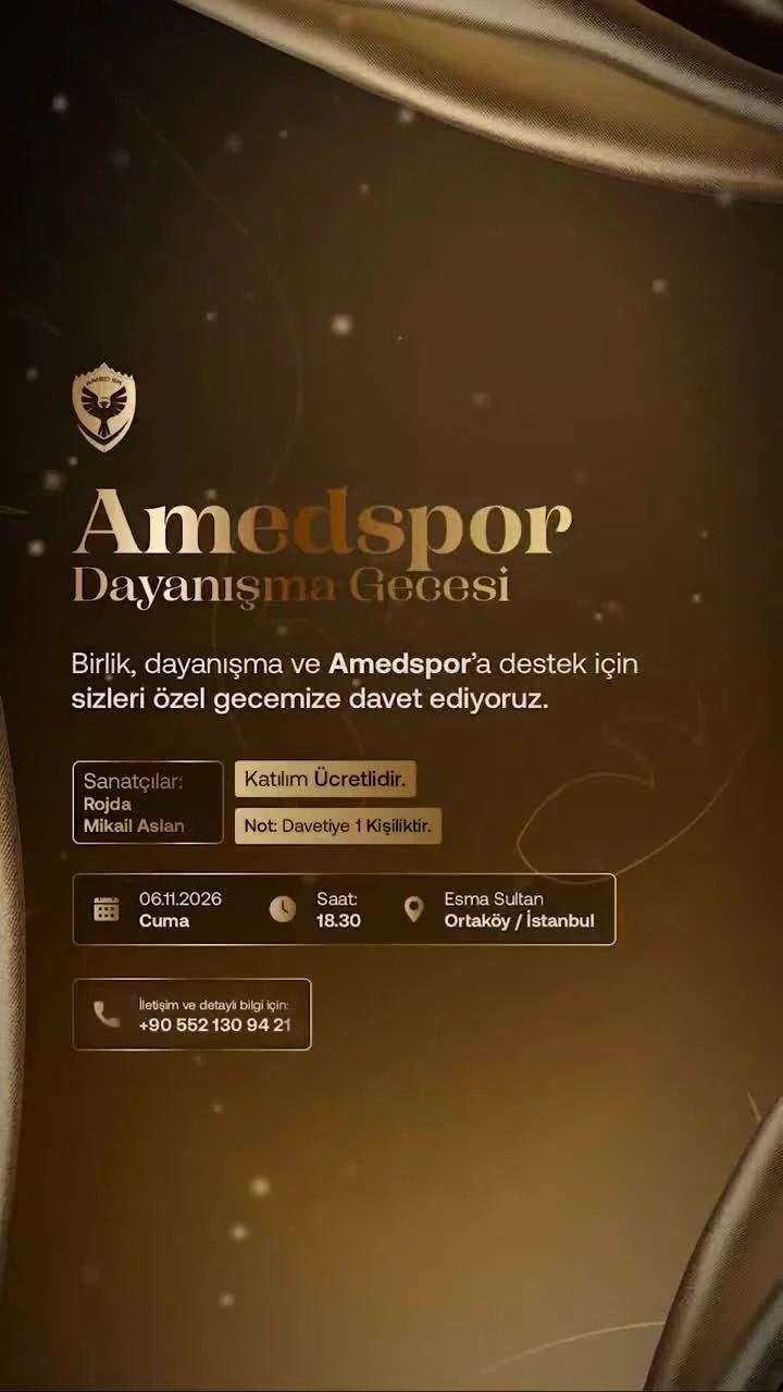 Amedspor Dayanışma Gecesi davetiyesi: 6 Kasım 2026 Cuma, saat 18.30, Esma Sultan Ortaköy İstanbul, sanatçılar Rojda ve Mikail Aslan